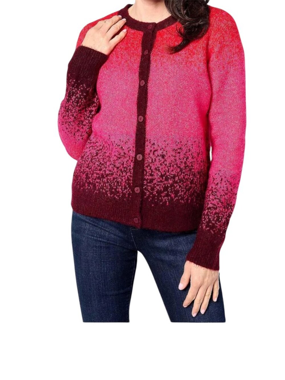 LOGO by Lori Goldstein Women’s L Pink Burgundy Ombré Wool Blend Cardigan Fall
